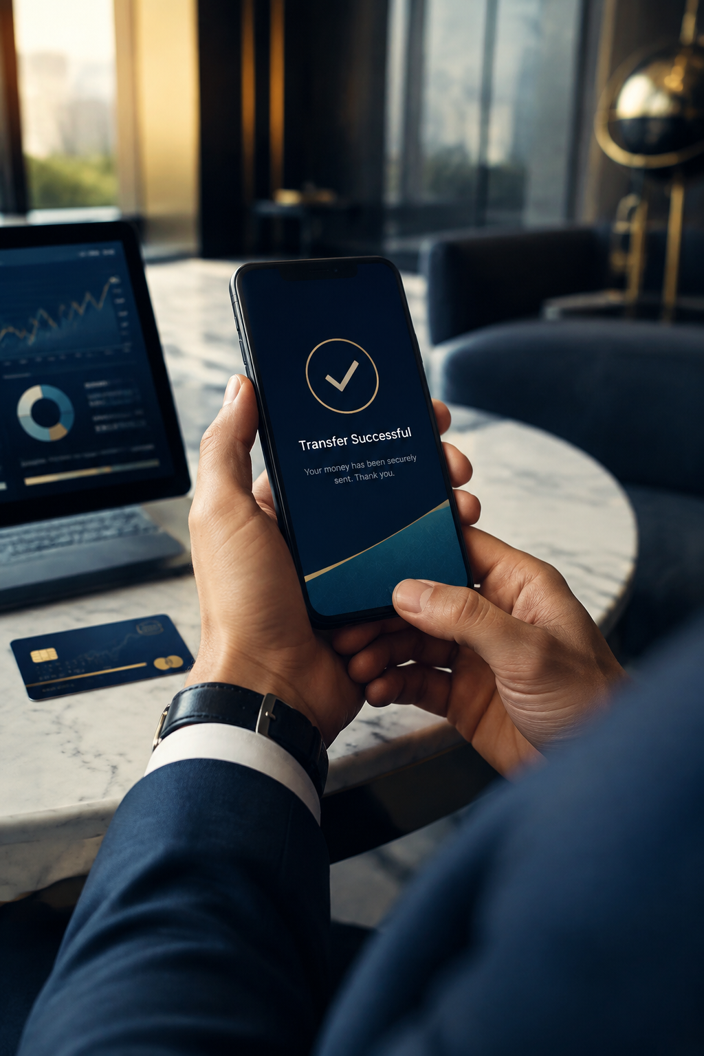 Client confirmant une transaction bancaire sécurisée sur son téléphone